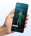 Smartphone displaying a Hume health app with body measurement graphics.
