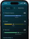 Phone screen displaying a Hume health monitoring app with metabolic, strain, and recovery metrics