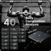 Body composition analysis with a person doing pull-ups and various metrics displayed.