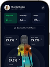 Phone screen displaying a health app with body score, health age, height, and arm fat percentage.